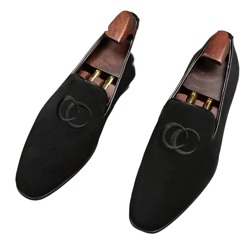 Men's Suede Embroidered Loafers - Handmade Casual Flats, Dress Shoes, and Party Slippers.