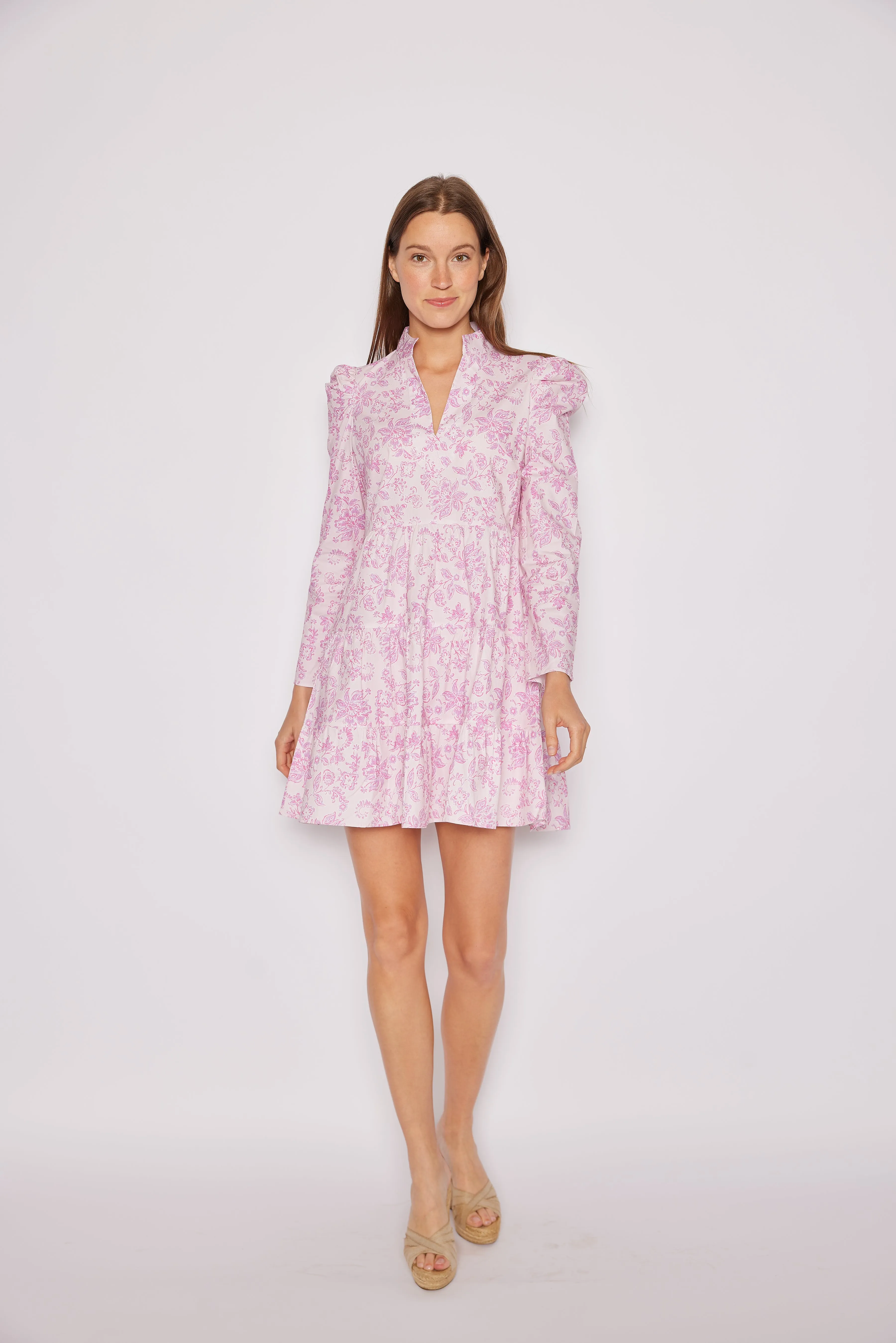 Pink Baroque Floral Long Sleeve Tunic Flare Dress