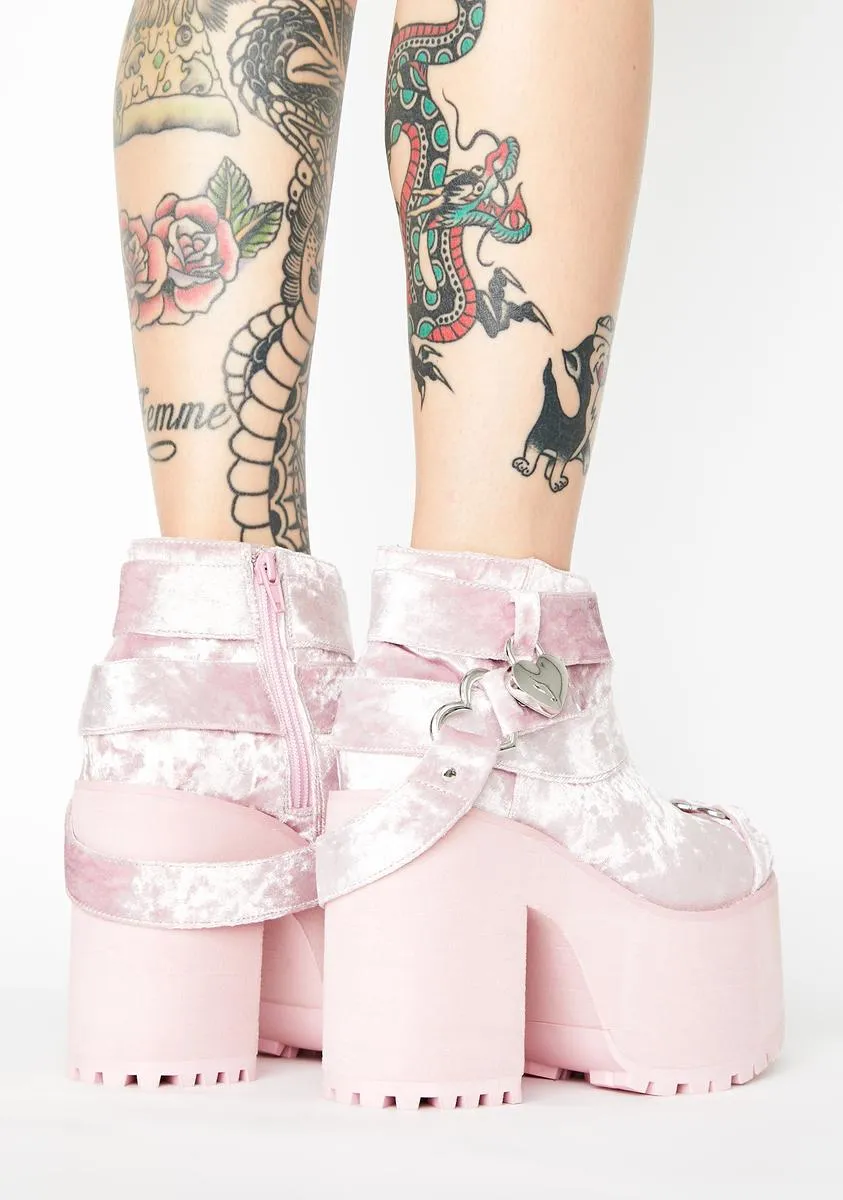 Pink Velvet Cherish Heart Platform Boots