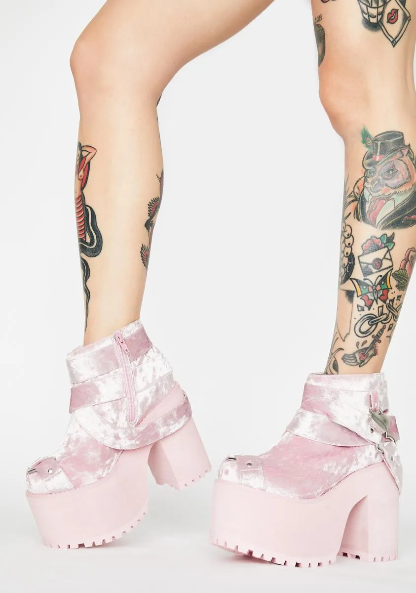 Pink Velvet Cherish Heart Platform Boots