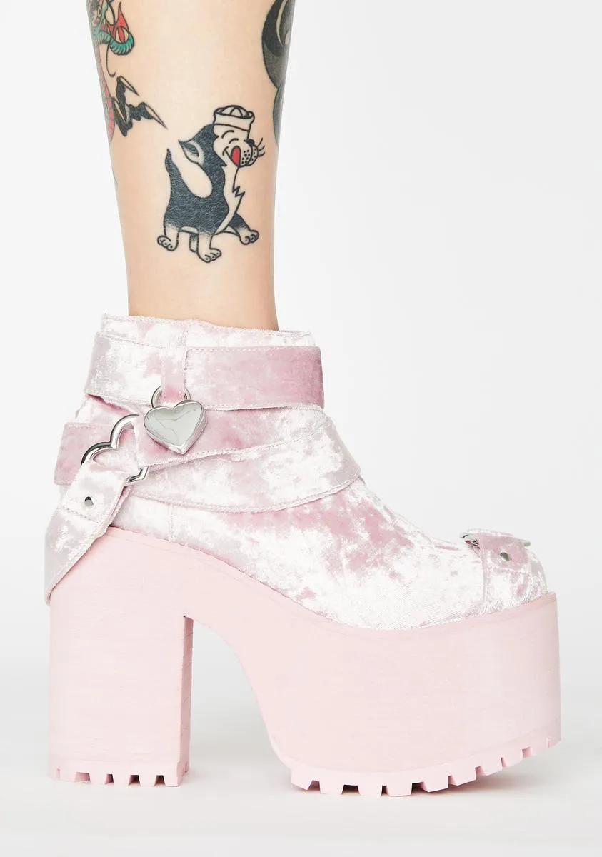 Pink Velvet Cherish Heart Platform Boots