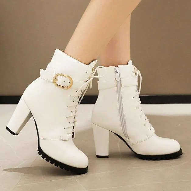 Plush lining chunky high heels combat booties