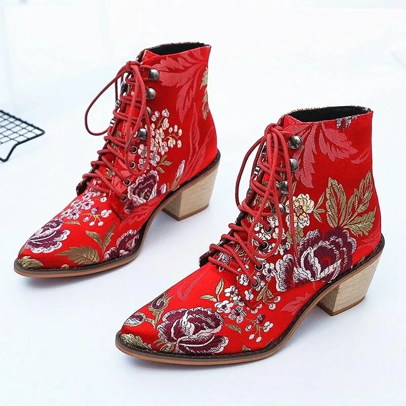 Retro fashion floral embroidered boots pointed toe lace-up ankle boots