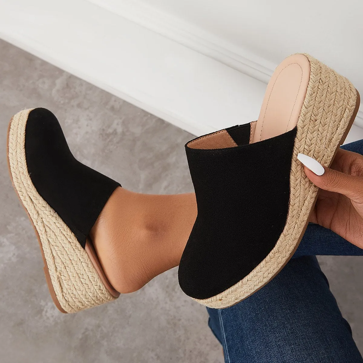 Sohiwoo Ladies Mules Wedges Fashion Suede Closed Toe Sandals Slip On Backless Heeled Shoes for Women Summer Casual Beach Sandalias Mujer