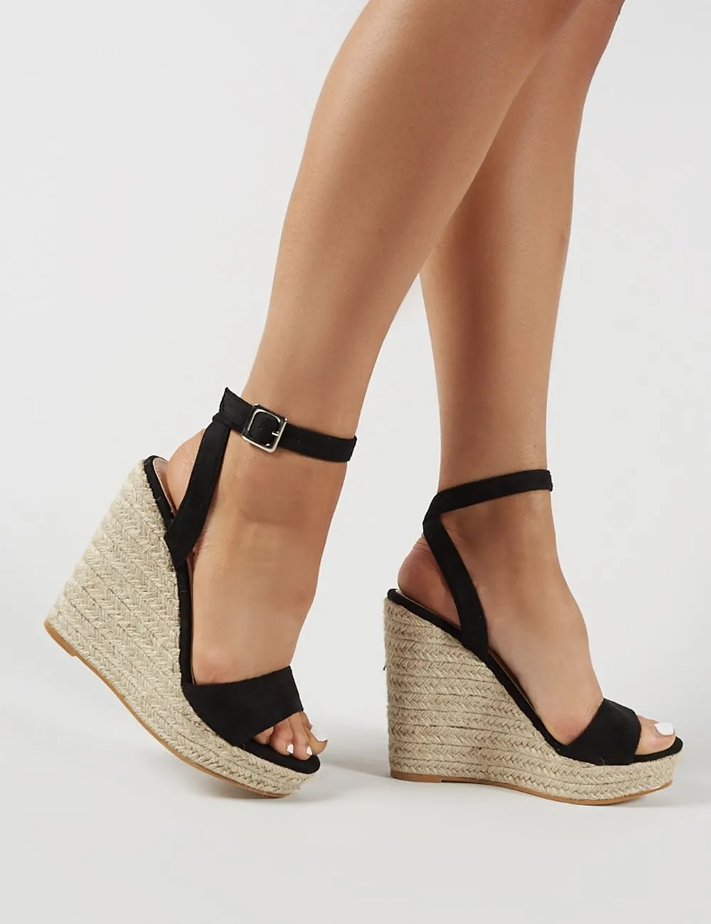 Sydney Espadrille Wedges in Black Faux Suede