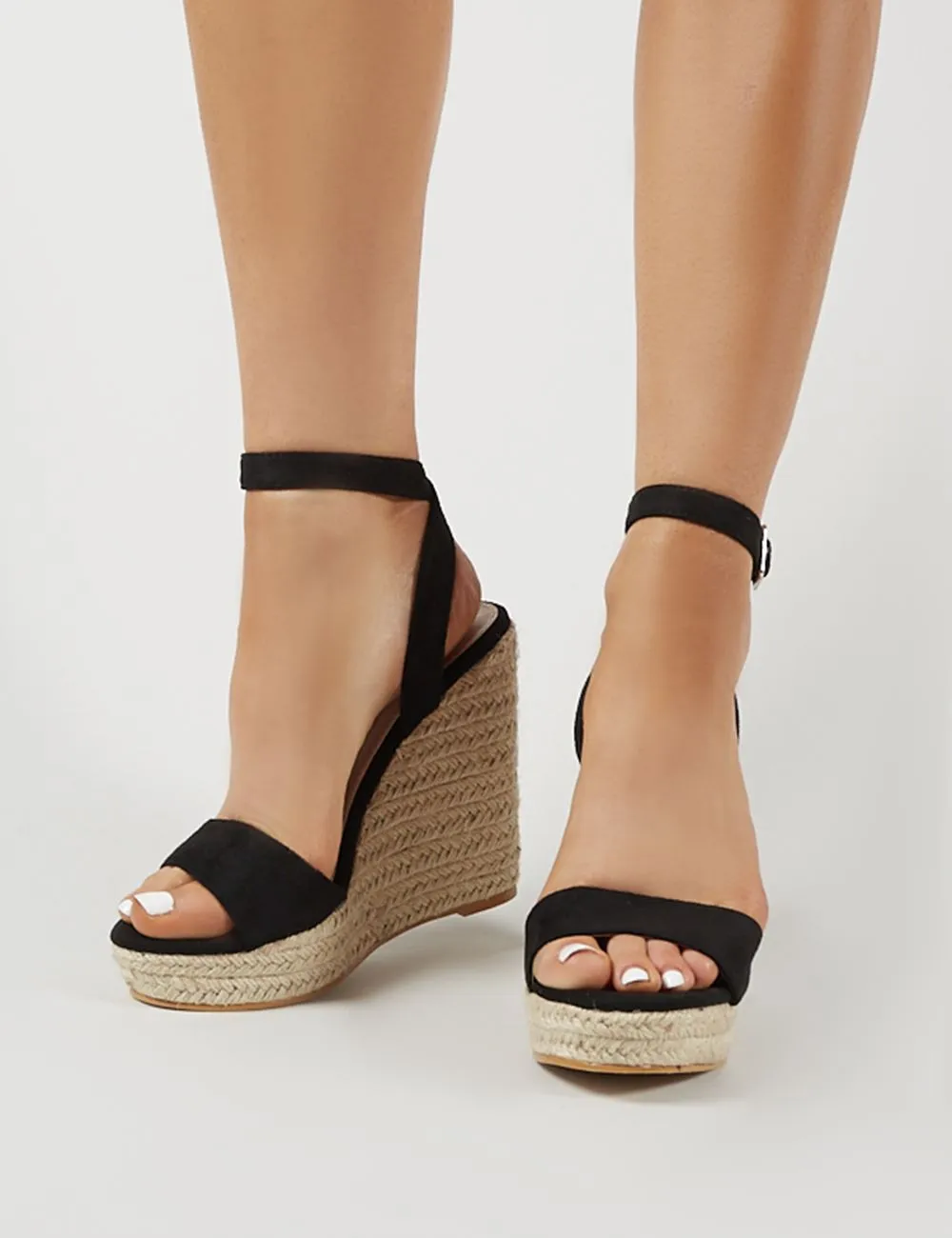 Sydney Espadrille Wedges in Black Faux Suede