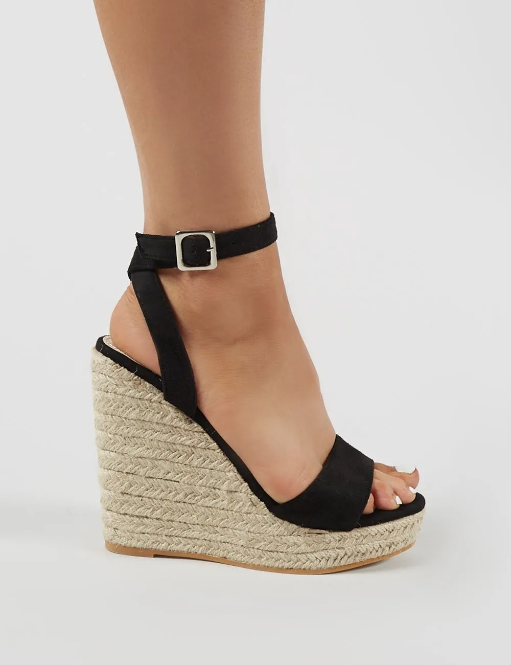 Sydney Espadrille Wedges in Black Faux Suede