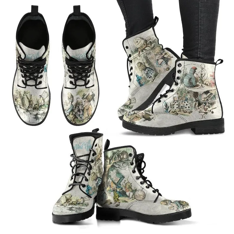 Women beige cartoon print chunky platform short lace up boots