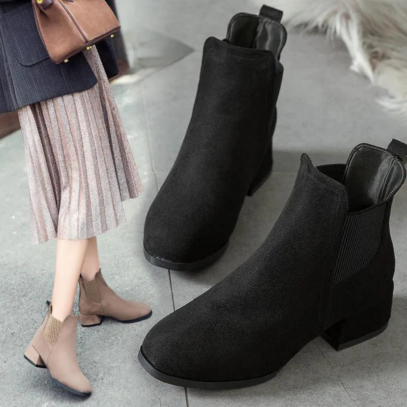 Women casual chunky heel round toe ankle chelsea boots