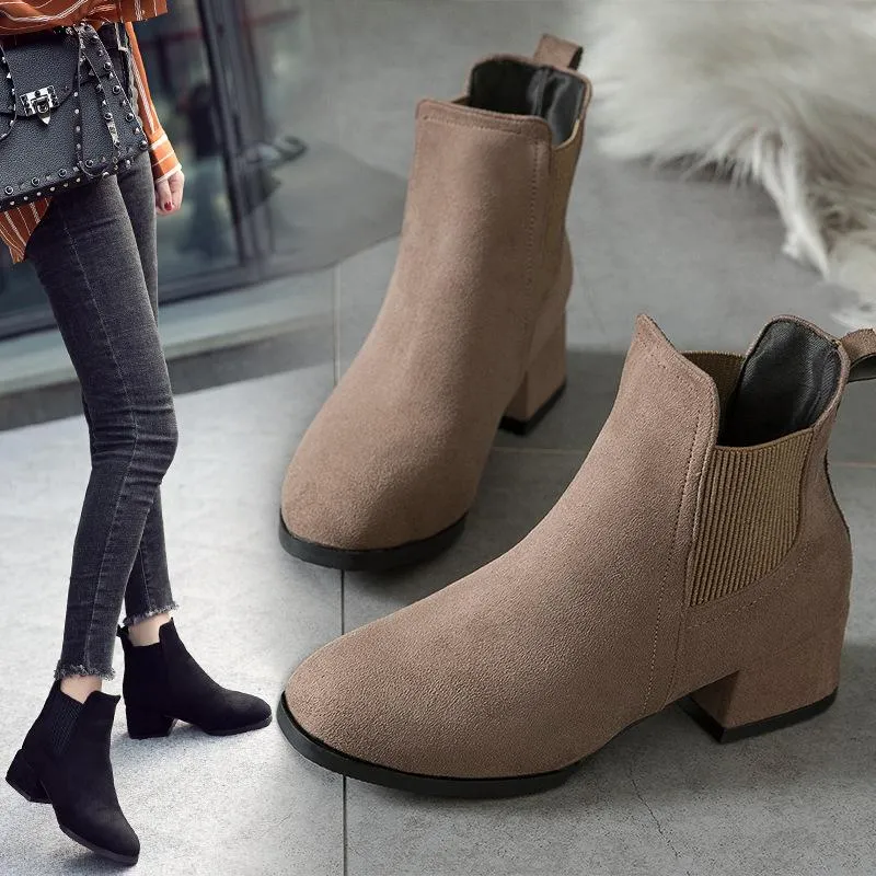 Women casual chunky heel round toe ankle chelsea boots