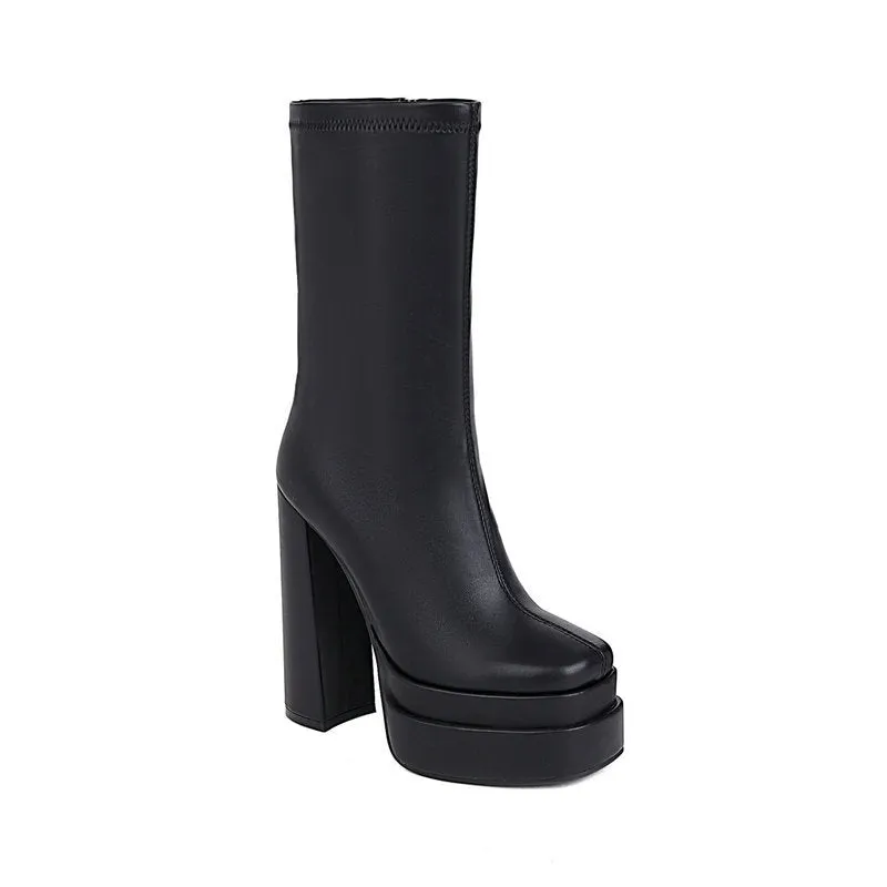 Women fashion chunky heeled platform side zipper short black boots