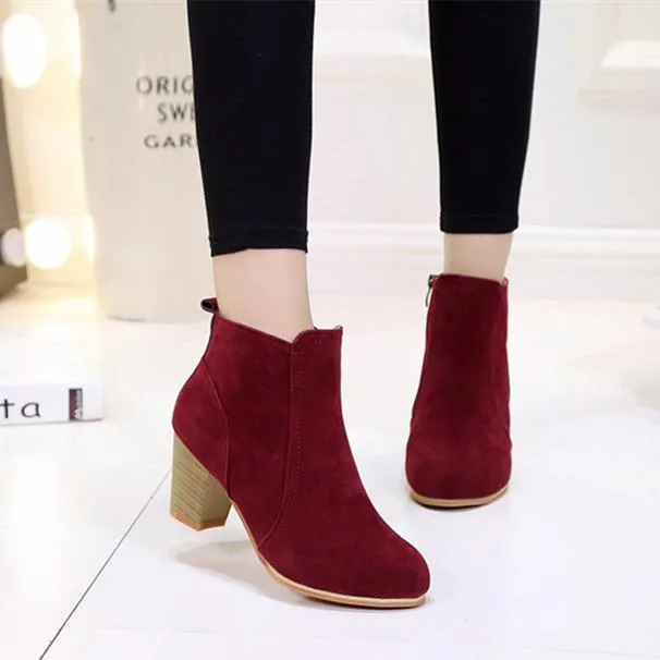 Women stacked chunky high heel round toe ankle boots