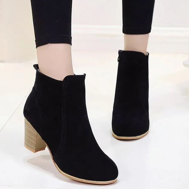 Women stacked chunky high heel round toe ankle boots