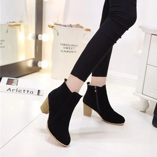 Women stacked chunky high heel round toe ankle boots