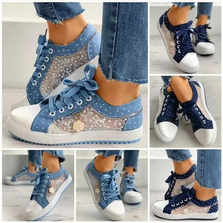 Women's blue floral lace hollow canvas shoes flat front lace casual shoes